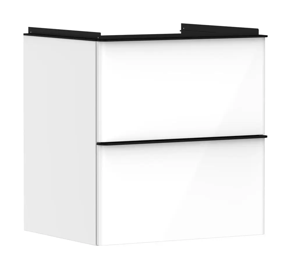 Waschtischunterschrank in Weiß mit zwei Schubkästen, hergestellt von Hansgrohe. Glatte Fronten und schlichte Form, geeignet für die moderne Badgestaltung.